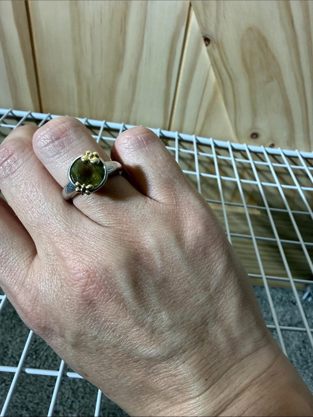 Two-Tone Silver Ring with Olive-Green Center Stone